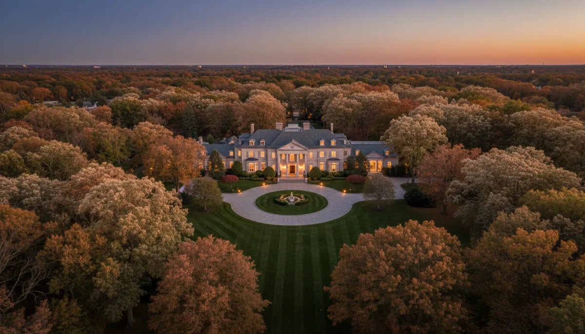 photorealistic twilight aerial view of a grand Short Hills NJ estate with long circular driveway, manicured lawns, warm interior lights glowing through expansive windows, surrounded by mature trees in warm terracotta, cream, and taupe tones (#866156, #D0B8A8, #F5EFE6)