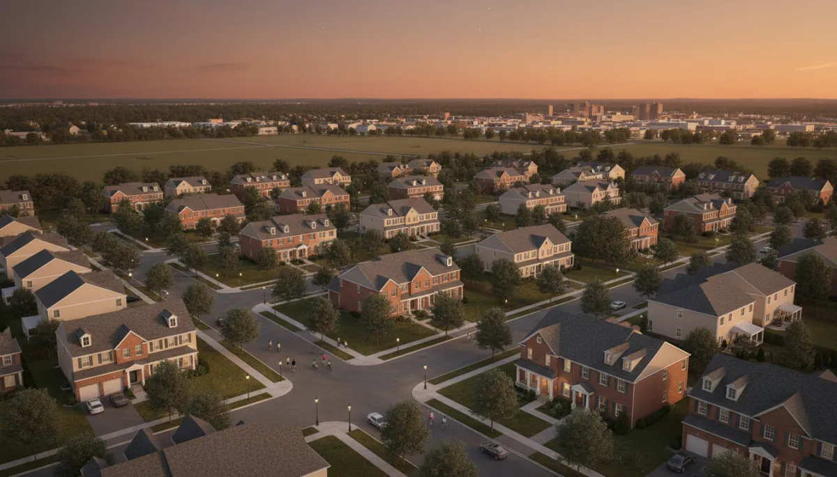 photorealistic aerial twilight view of Florham Park NJ neighborhood with tree-lined streets, newer colonial homes, warm terracotta brick and cream siding, soft taupe roofs, families walking dogs and kids on bikes, distant view of fields and small downtown, color palette in warm terracotta #866156, cream #D0B8A8, and taupe #F5EFE6