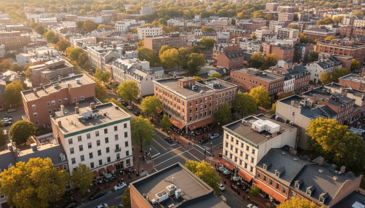 photorealistic aerial view of downtown Morristown NJ at golden hour, tree-lined streets, historic brick buildings, people dining outdoors along South Street, subtle terracotta #866156 accents on awnings and signage, cream #F5EFE6 and taupe #D0B8A8 tones in building facades, soft natural lighting, modern yet cozy atmosphere