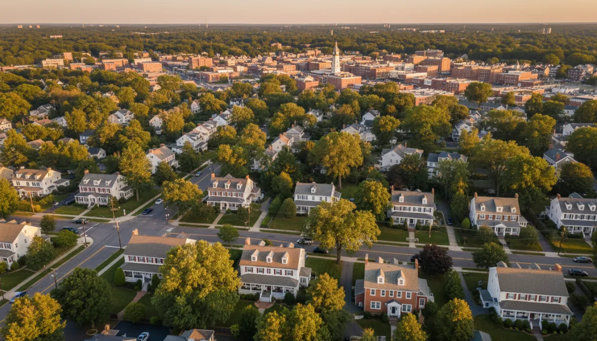 photorealistic aerial view of tree-lined suburban streets in Westfield NJ at golden hour, classic colonials with front porches, walkable downtown visible in distance, subtle accents in terracotta #866156, cream #F5EFE6 and taupe #D0B8A8