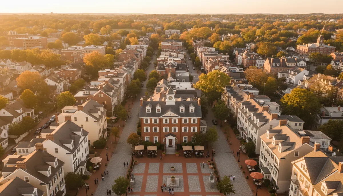 photorealistic aerial view of Maplewood NJ village center at golden hour, tree-lined streets, historic brick and clapboard homes, people strolling near outdoor café seating, subtle accents in terracotta #866156, cream #F5EFE6, and taupe #D0B8A8, soft natural light