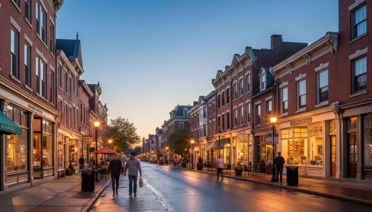 photorealistic twilight streetscape of South Orange NJ downtown with historic brick and Victorian-style buildings, warm storefront lights, people walking past cafes, subtle accents in terracotta #866156, cream #F5EFE6, and taupe #D0B8A8, soft depth of field, inviting small-town urban feel