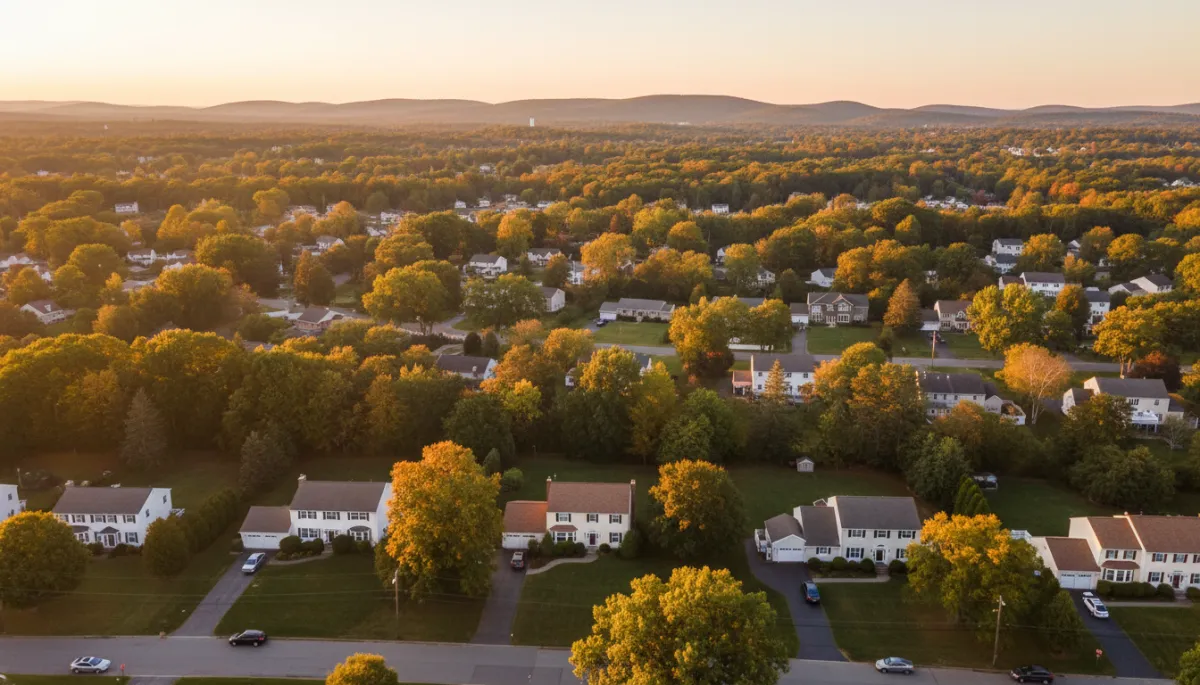 photorealistic aerial view of a tree-lined suburban neighborhood in Berkeley Heights NJ at golden hour, with traditional colonial and split-level homes, mature trees in early fall colors, and distant low hills of Watchung Reservation; subtle terracotta #866156 roofs, cream #F5EFE6 siding, and taupe #D0B8A8 trim accents throughout the scene