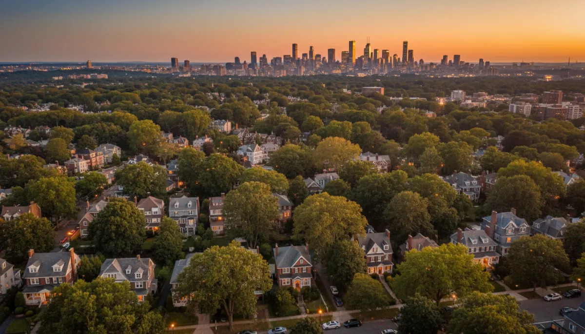photorealistic aerial evening view of Montclair NJ streets with classic homes and tree-lined blocks, distant Manhattan skyline glowing at sunset, warm inviting tones with subtle navy blue and gold accents