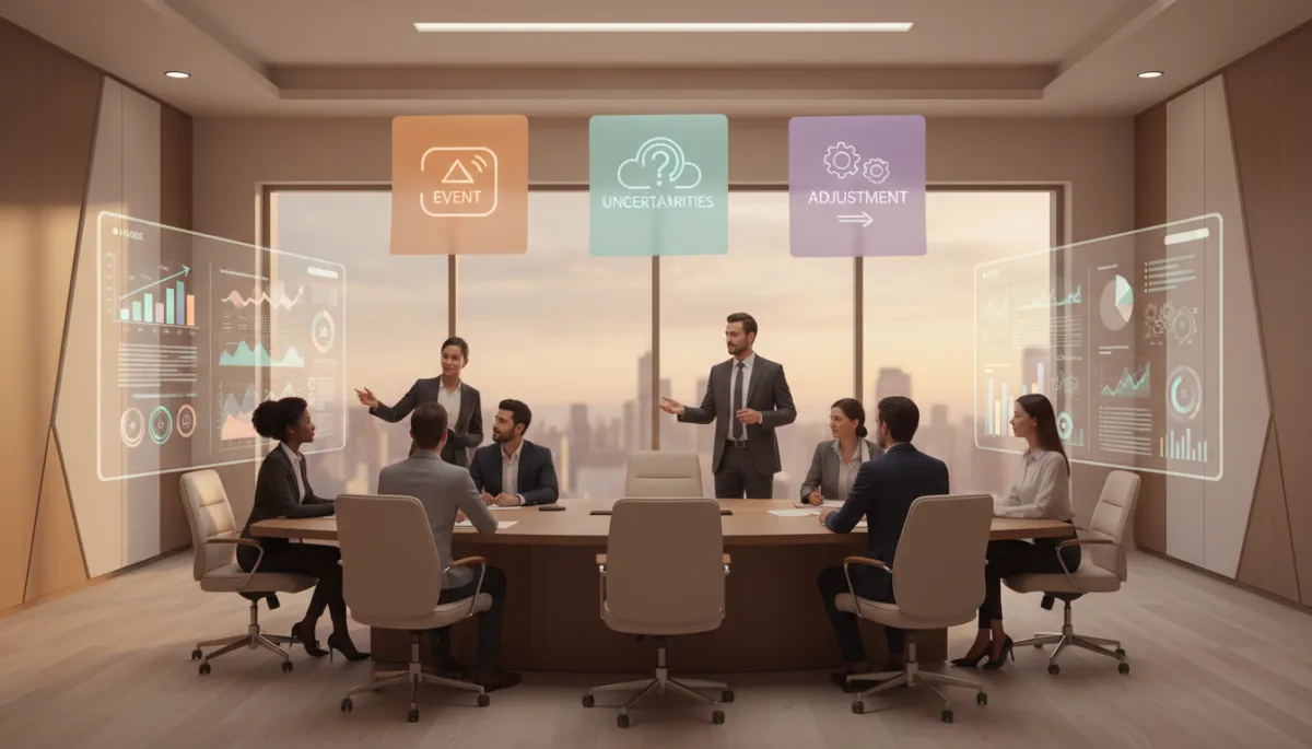 3D rendered sales team reviewing event, uncertainties, and adjustment notes in warm neutral tones