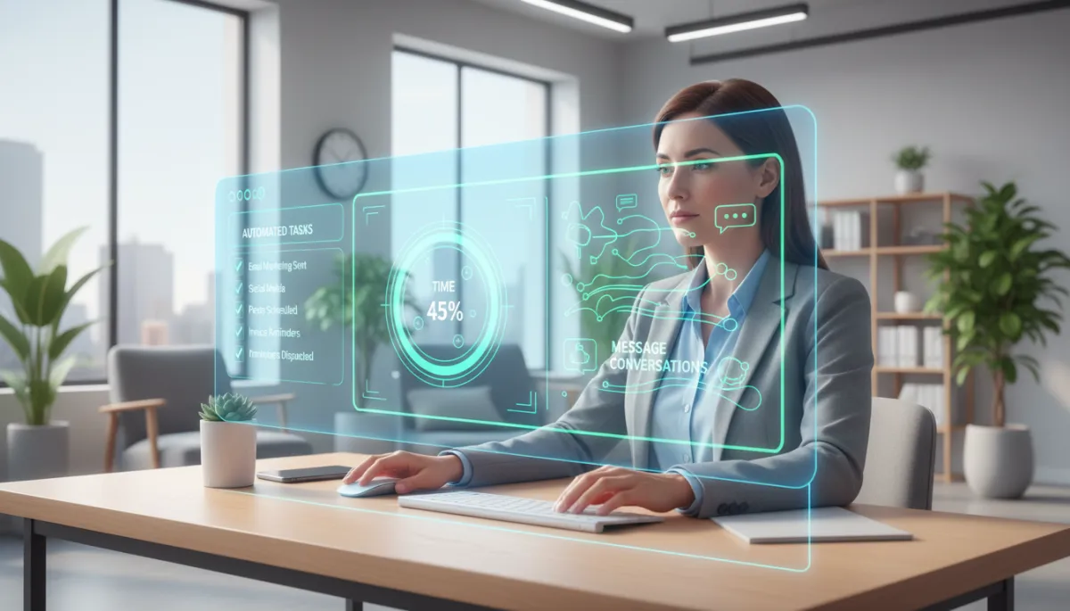 Small business owner at desk reviewing AI assistant dashboard showing automated tasks completed, charts of time saved, and message conversations, bright modern office setting Small business owner at desk reviewing AI assistant dashboard showing automated tasks completed, charts of time saved, and message conversations, bright modern office setting