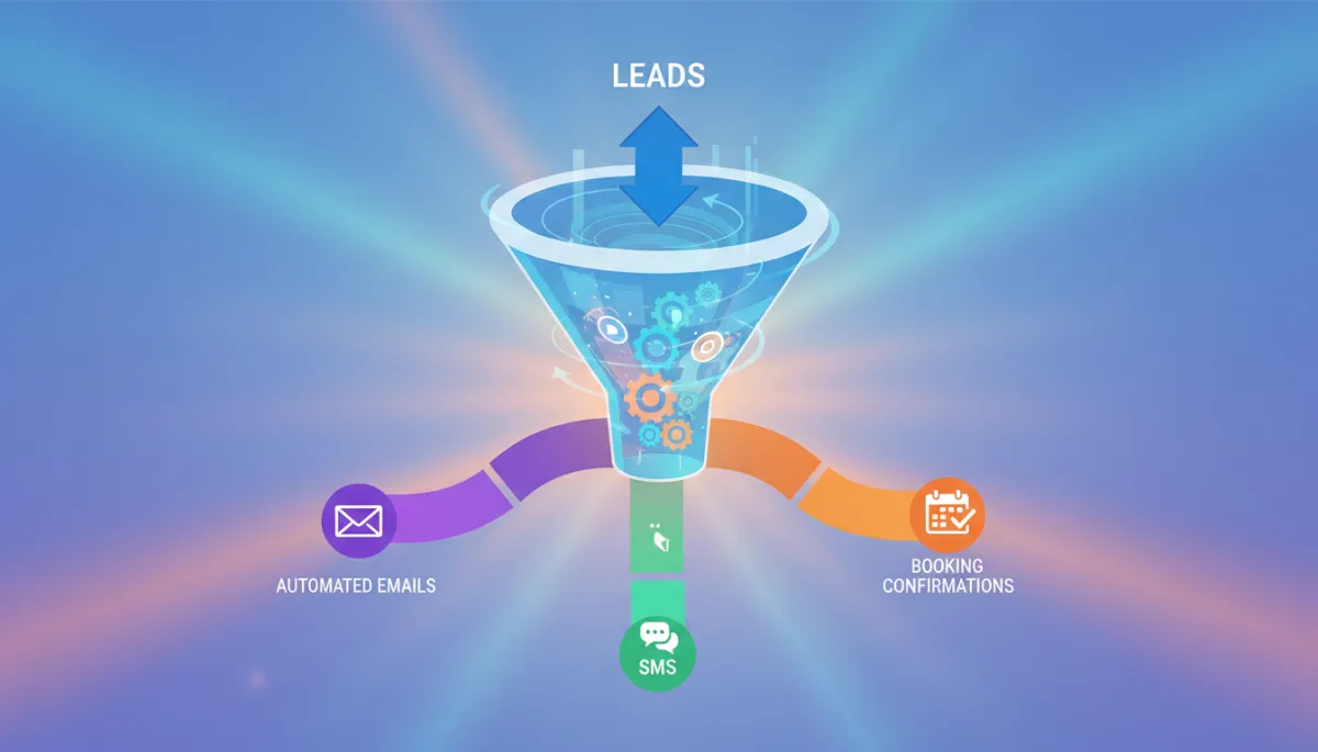 Workflow automation diagram showing leads entering a funnel and branching into automated emails, SMS, and booking confirmations, clean and colorful arrows Workflow automation diagram showing leads entering a funnel and branching into automated emails, SMS, and booking confirmations, clean and colorful arrows