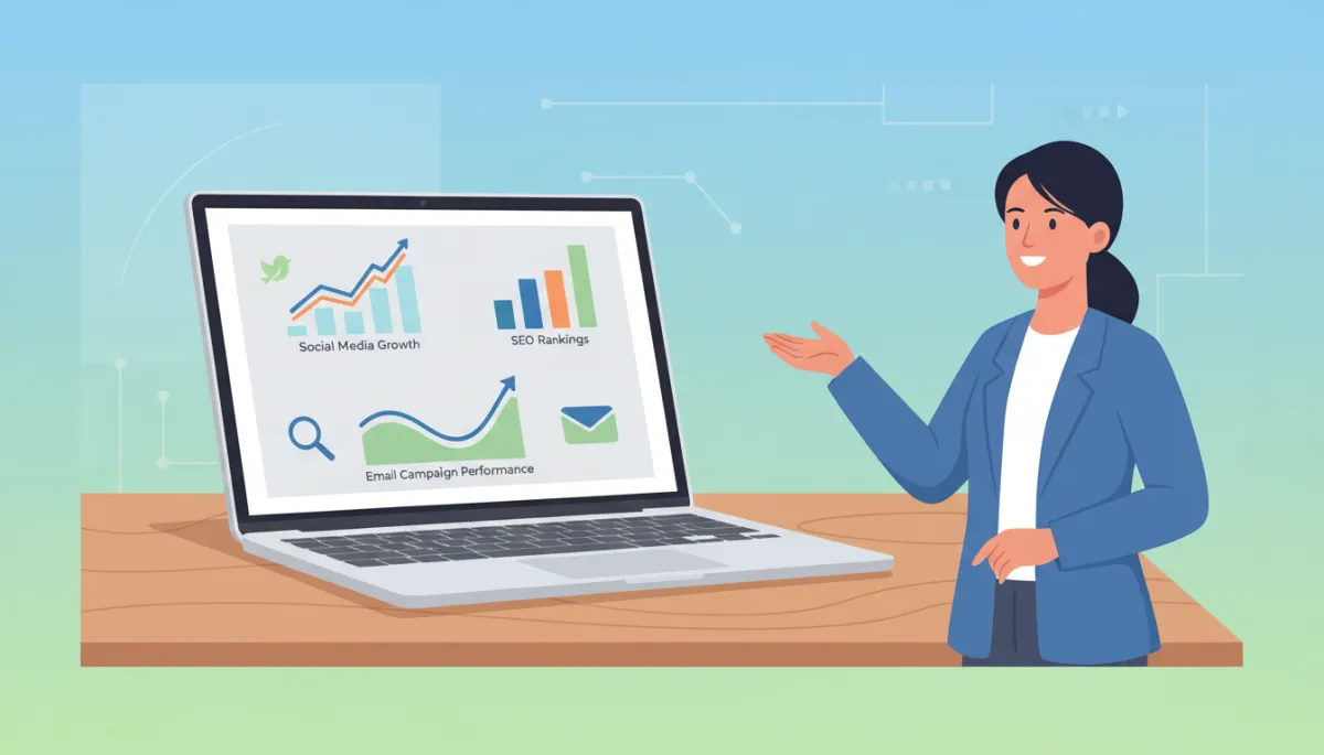 Marketing analytics dashboard on laptop showing social media growth, SEO rankings, and email campaign performance, with a small business owner smiling nearby Marketing analytics dashboard on laptop showing social media growth, SEO rankings, and email campaign performance, with a small business owner smiling nearby