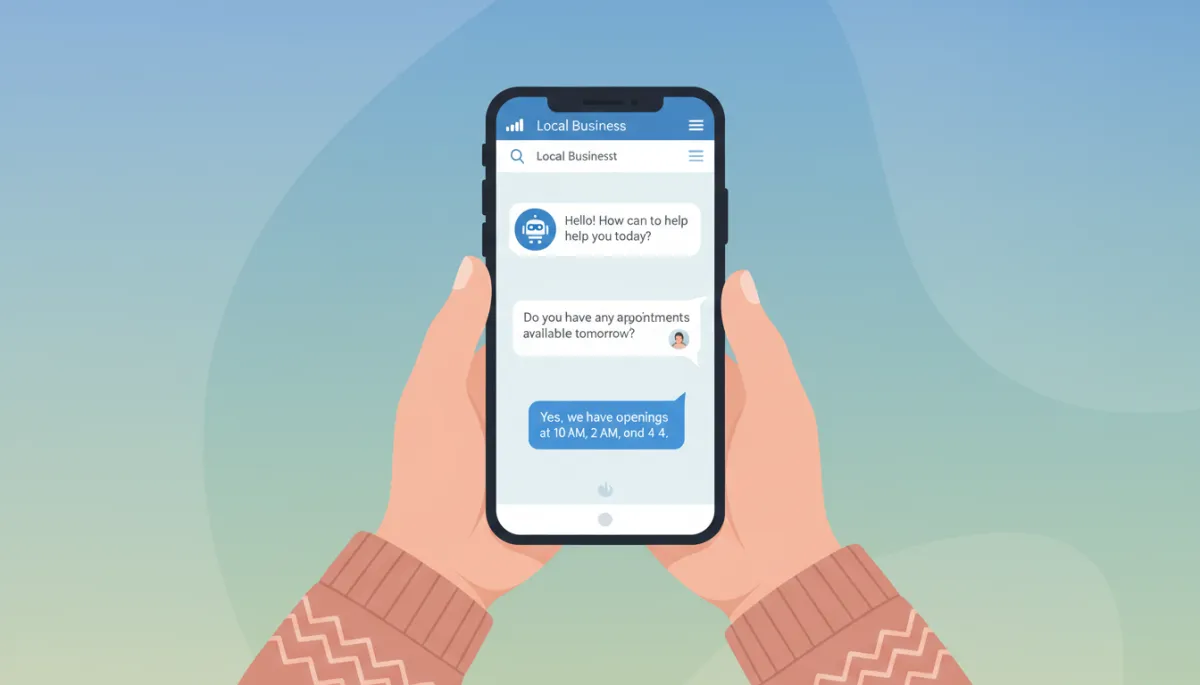 Customer using smartphone to chat with an AI assistant on a local business website, quick responses visible in chat bubbles Customer using smartphone to chat with an AI assistant on a local business website, quick responses visible in chat bubbles