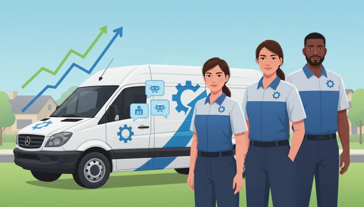 Three-person home service team standing in front of branded van, overlay of upward-trending revenue chart and AI chat notifications Three-person home service team standing in front of branded van, overlay of upward-trending revenue chart and AI chat notifications