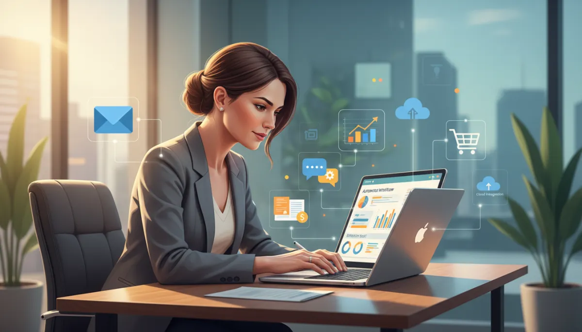 Small business owner in a modern office reviewing an automation dashboard on a laptop, surrounded by icons representing email, chatbots, invoices, and ecommerce, warm natural light, confident and focused expression