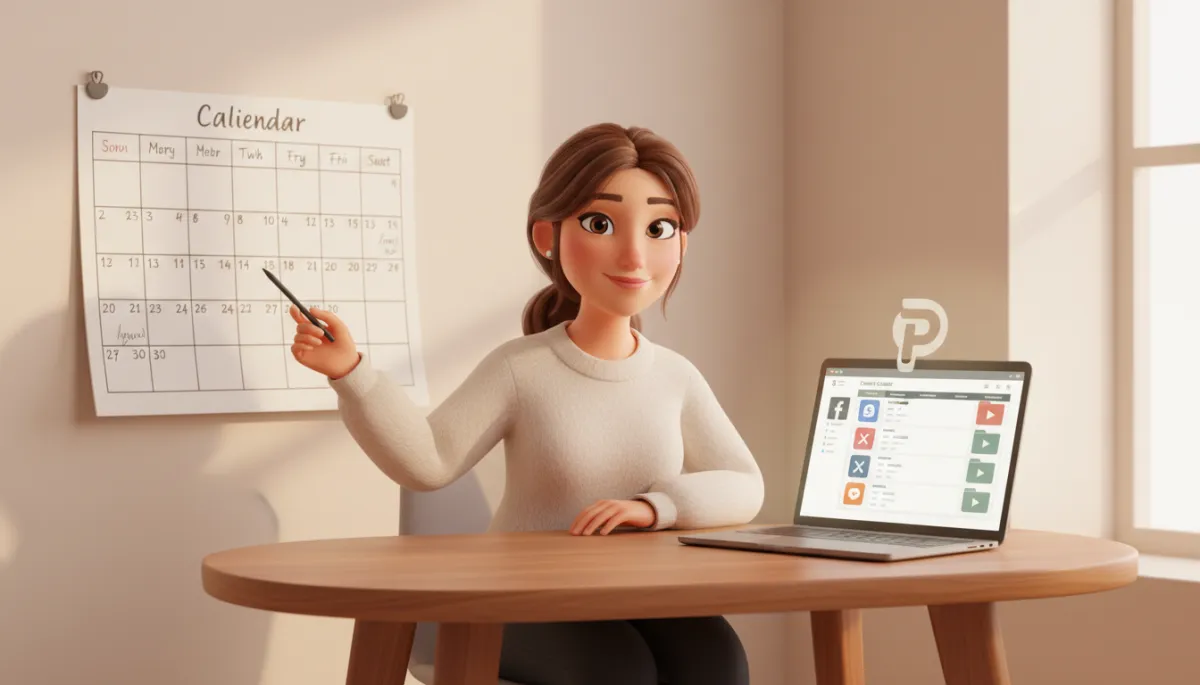 Pixar style business owner calmly planning social media content on a calendar Pixar style business owner calmly planning social media content on a calendar