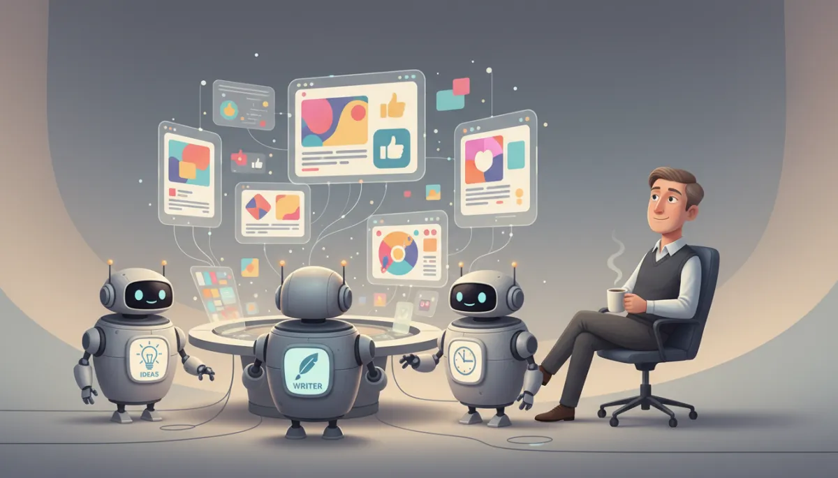 Pixar style illustration of AI assistants collaborating on social media content Pixar style illustration of AI assistants collaborating on social media content