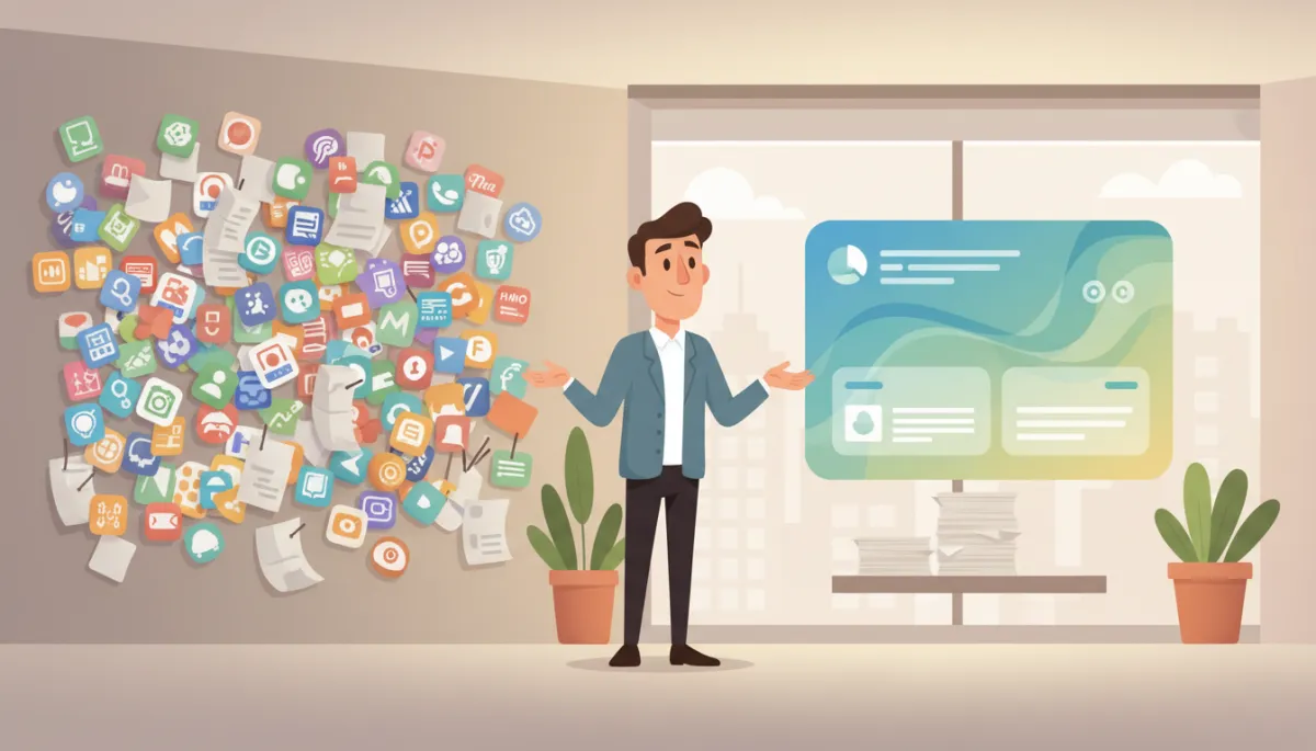Pixar Style illustration of a marketer comparing a cluttered wall of app icons and invoices on one side with a single calm unified dashboard and a shorter invoice stack on the other, in a neutral color office setting Pixar Style illustration of a marketer comparing a cluttered wall of app icons and invoices on one side with a single calm unified dashboard and a shorter invoice stack on the other, in a neutral color office setting