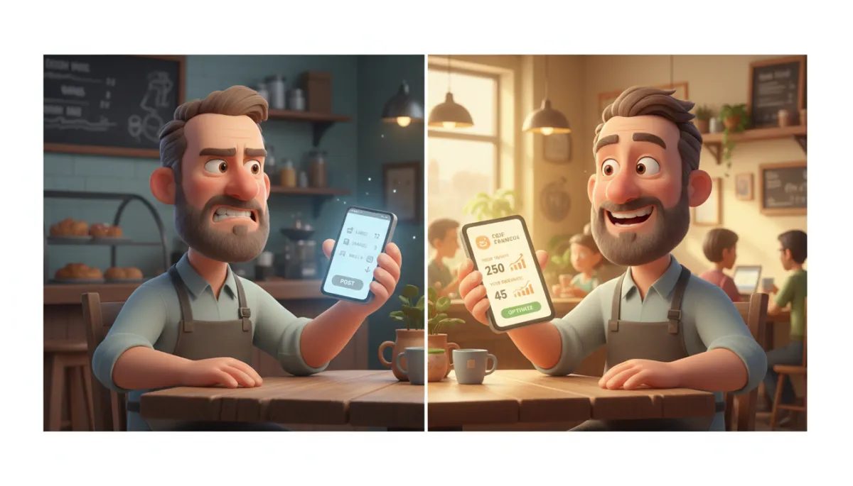 Pixar Style visual contrast between low social reach and real-world local results