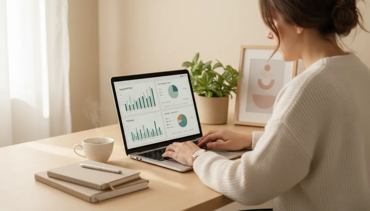 Local business owner analyzing social media engagement metrics on a laptop