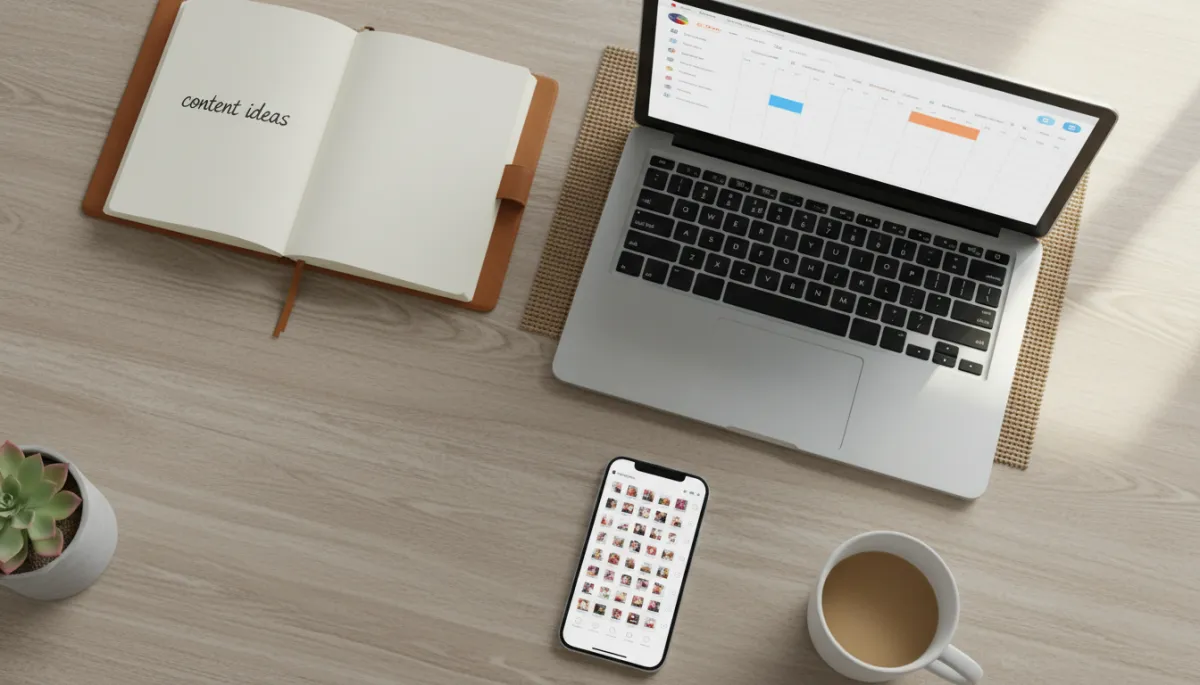 Desk with content planning notebook, laptop, and phone showing scheduled social media posts