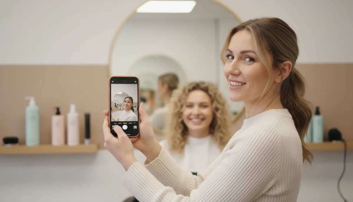 Local salon owner creating a short-form social media video with a client