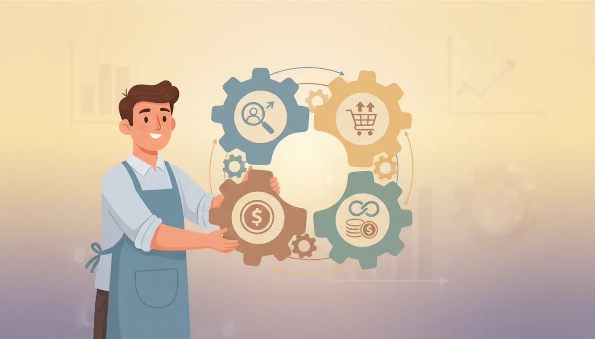 Pixar style illustration of a small business owner assembling a predictable revenue engine