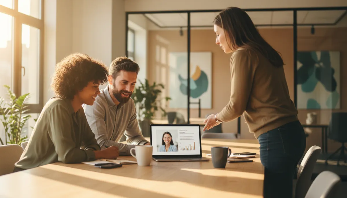 Team reviewing customer feedback together in a modern neutral-toned office