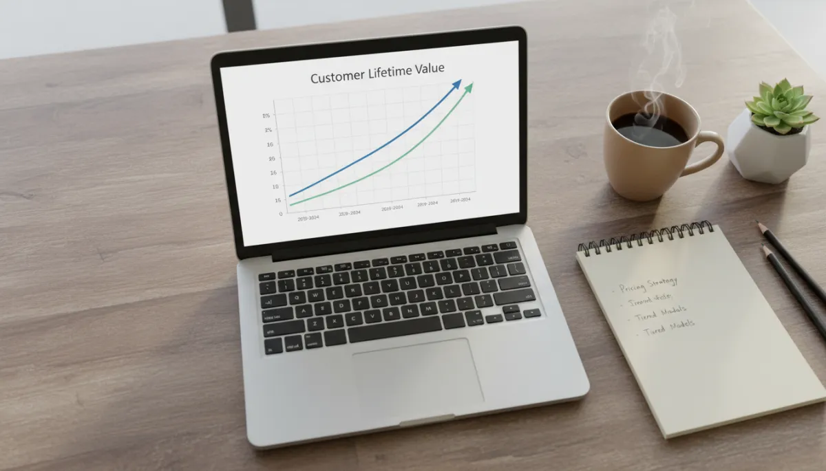 Laptop showing customer lifetime value chart alongside pricing notes on a desk