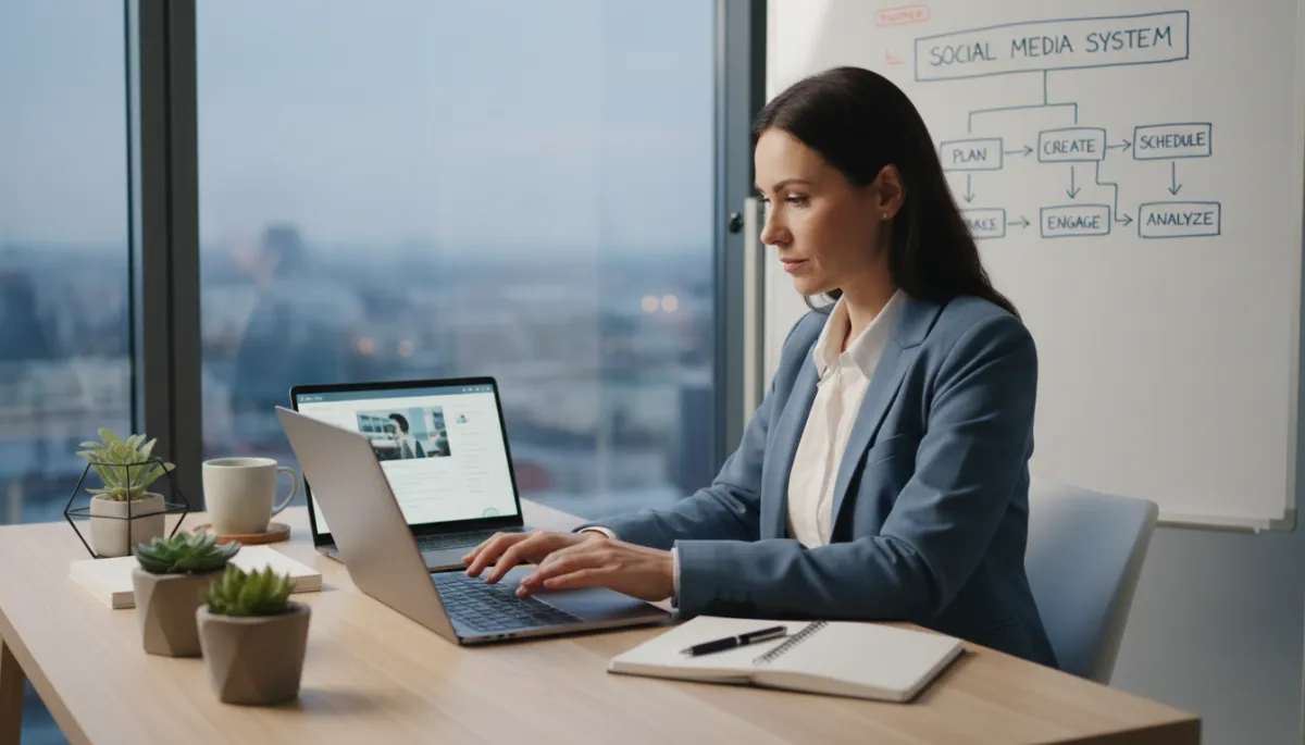 Solo business owner planning social media strategy on laptop