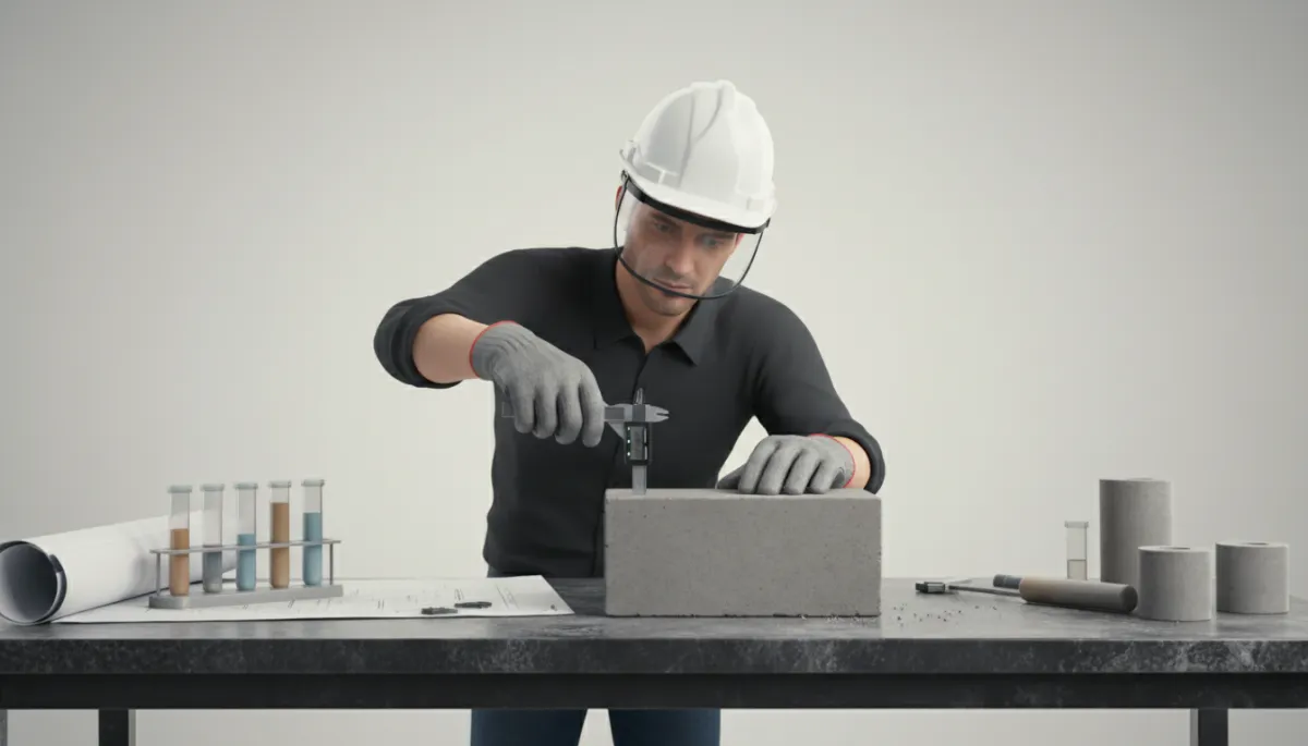 Ingeniero revisando bloque de concreto y planos de construcción