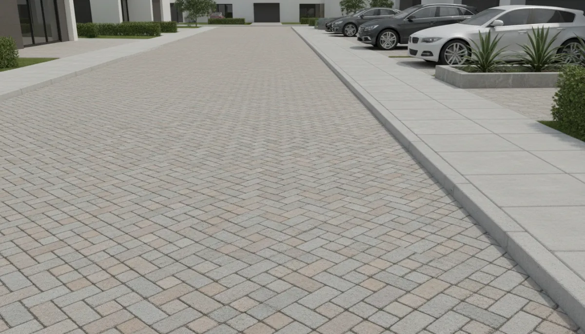 Calle residencial con adoquines de concreto para tránsito vehicular liviano y acera peatonal Calle residencial con adoquines de concreto para tránsito vehicular liviano y acera peatonal
