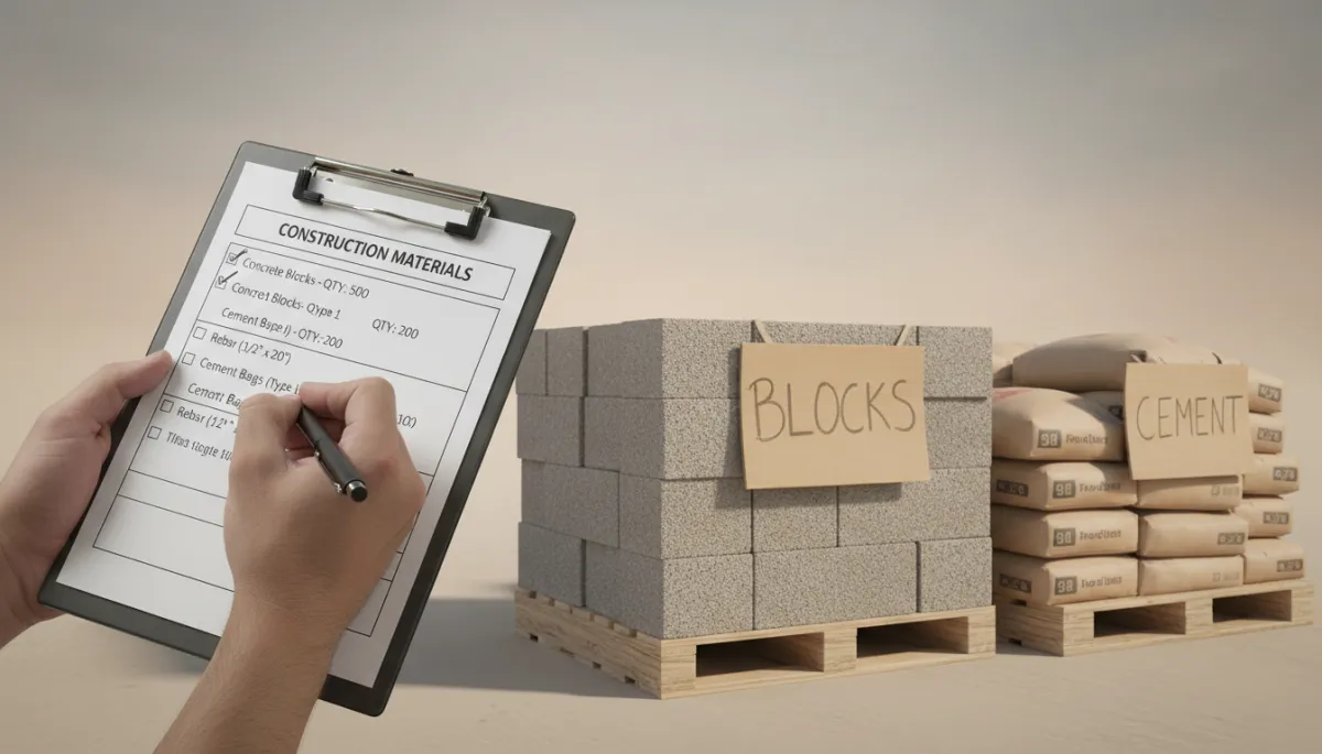 Checklist de materiales de construcción revisada junto a pallets organizados