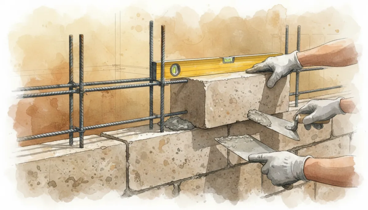 Colocación profesional de bloques de concreto con refuerzo de acero Colocación profesional de bloques de concreto con refuerzo de acero