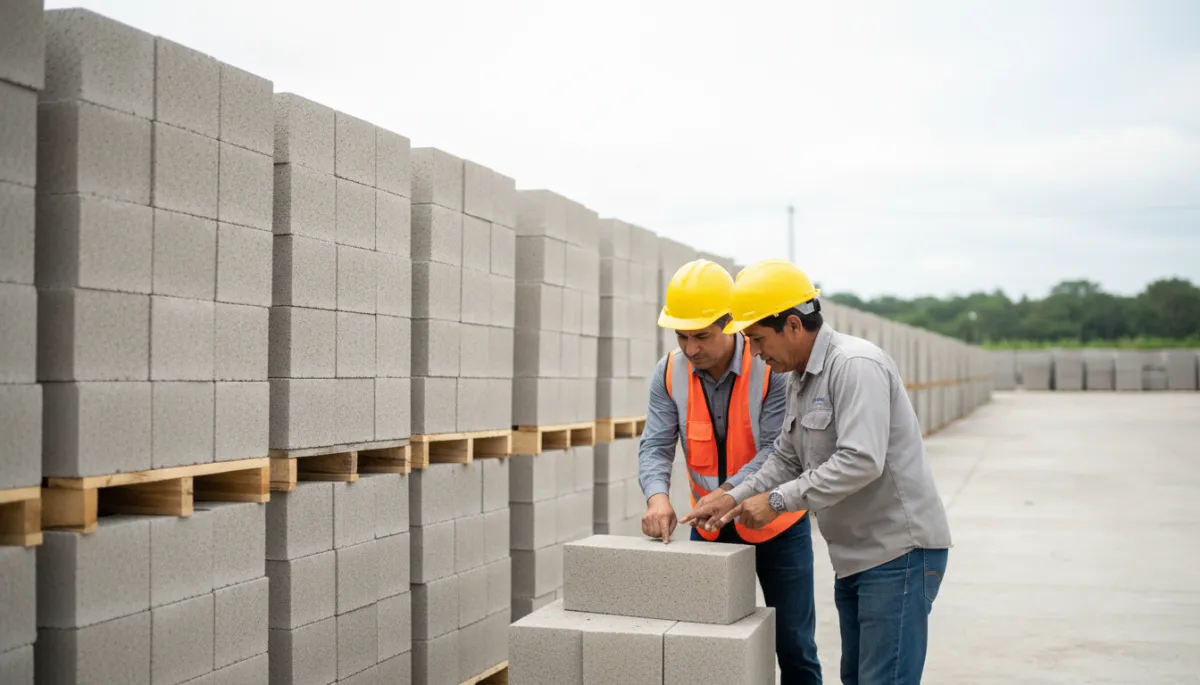 Contratista y maestro de obra revisando bloques de concreto Indublock en patio de producción en Rioja San Martín