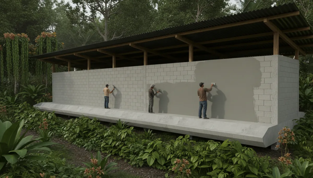 Muro de bloque de concreto elevado con buen drenaje en la selva amazónica