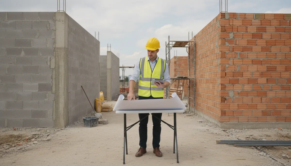 professional vista frontal de una obra en construcción donde se aprecian muros de bloque de hormigón a la izquierda y muros de ladrillo cerámico a la derecha, con un ingeniero revisando planos sobre una mesa, iluminación neutra y tonos sobrios