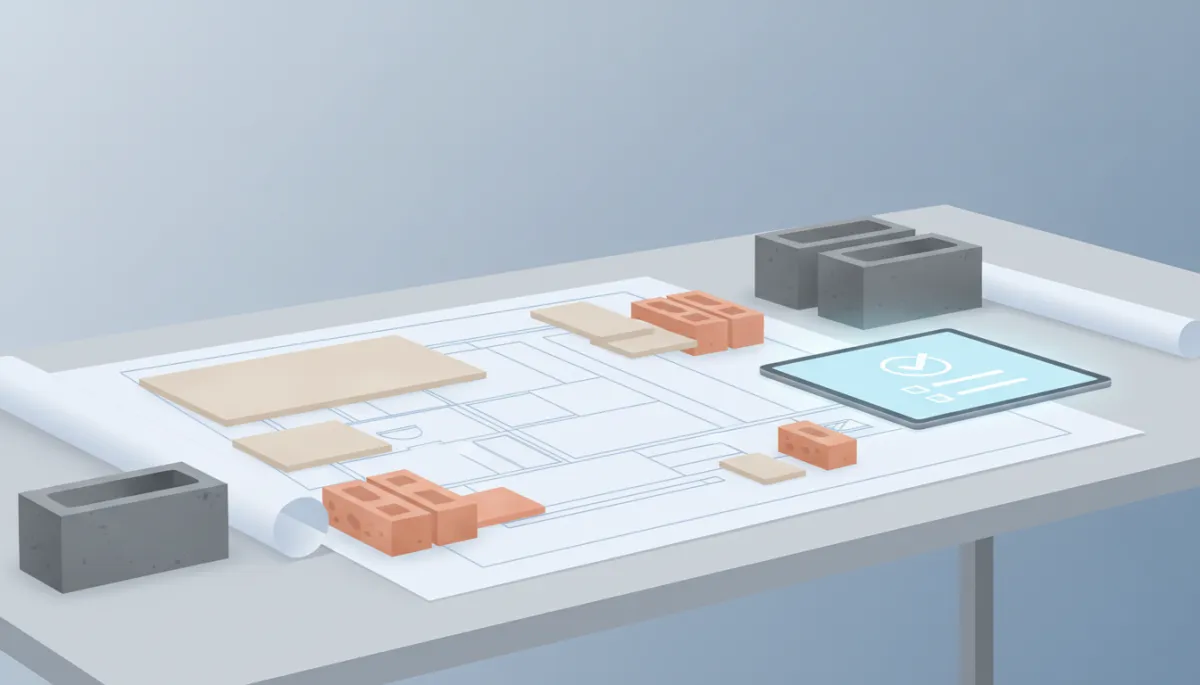 escena profesional, plano arquitectónico extendido sobre una mesa con muestras de materiales de construcción (bloques, ladrillos, cerámicas) y una tablet con checklist, iluminación neutra y ambiente de oficina técnica