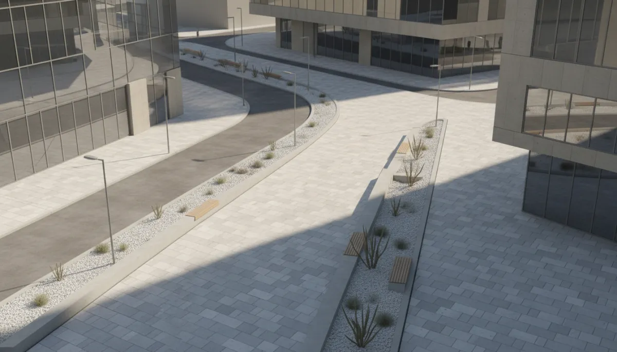 professional aerial view of a city plaza paved with concrete pavers, showing separate pedestrian walkway and light traffic street, neutral colors, daylight, clean architectural environment