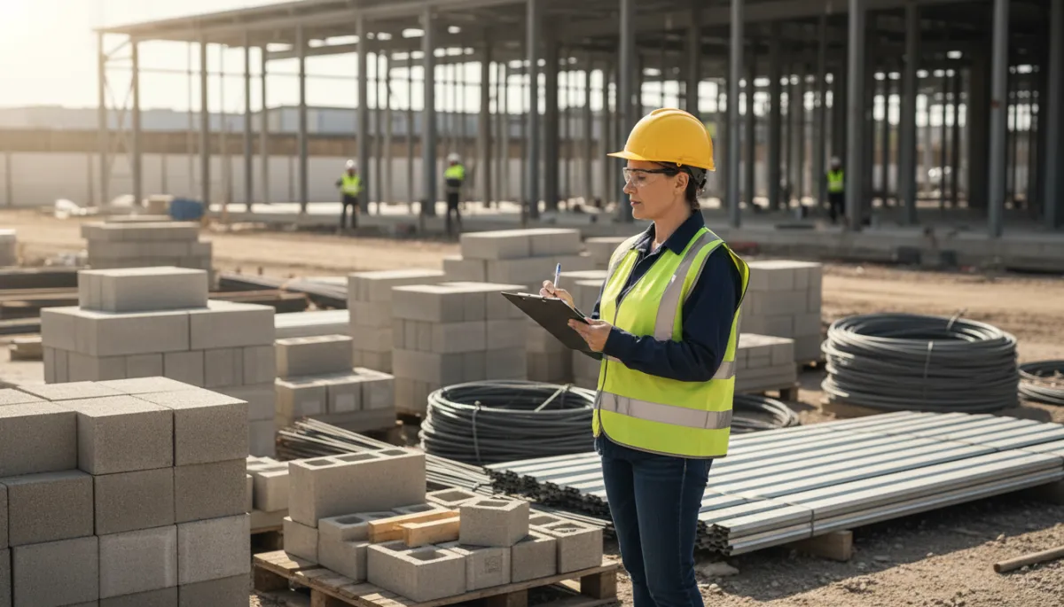 professional neutral-tone construction site with supervisor holding clipboard checklist next to neatly stacked concrete blocks and materials, subtle depth of field, natural daylight, modern safety gear, professional photography style