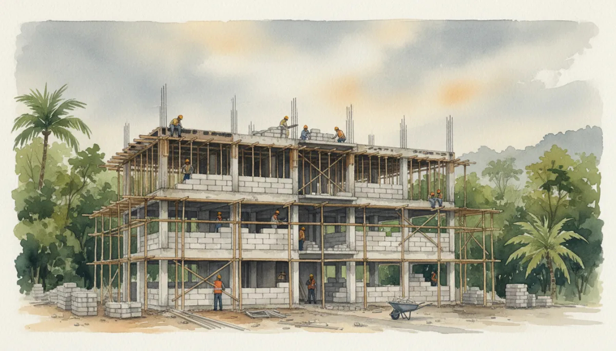 professional wide-angle view of an Amazonian mid-rise building under construction in San Martín, workers placing vibrated concrete blocks in orderly rows, overcast humid sky, neutral color palette, clean jobsite with scaffolding and structural details visible
