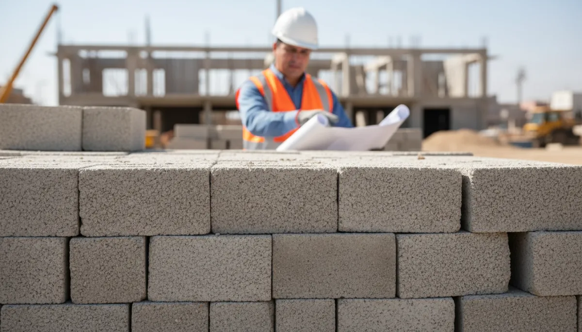 professional, neutral-color close-up of stacked concrete masonry units on a construction site, Peruvian civil engineer in helmet reviewing technical drawings in the background, clear daylight, sharp focus