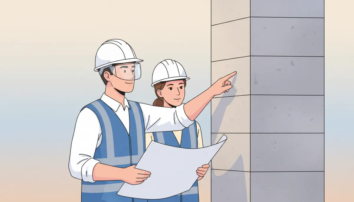 professional neutral-toned construction site close-up of structural concrete block column under inspection by engineer with helmet and plans, soft daylight, realistic style