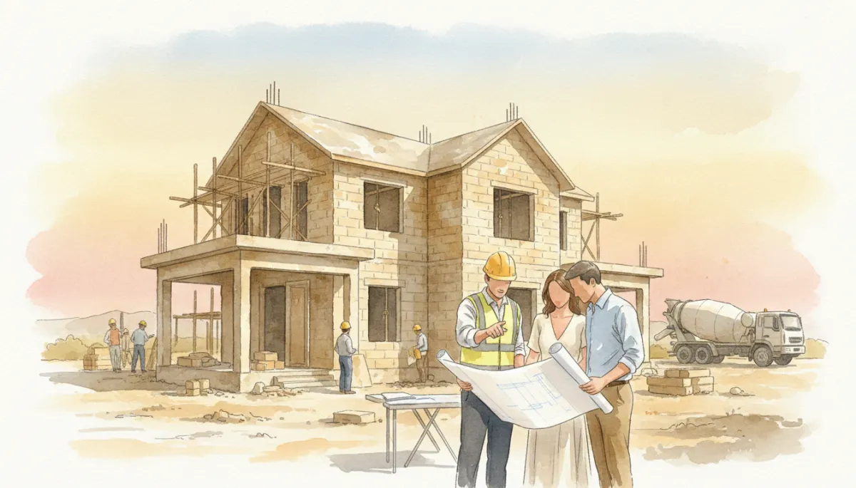 professional neutral-toned construction site of a two-story family house built with concrete blocks, engineer and couple reviewing blueprints in the foreground, clear daylight, realistic photography