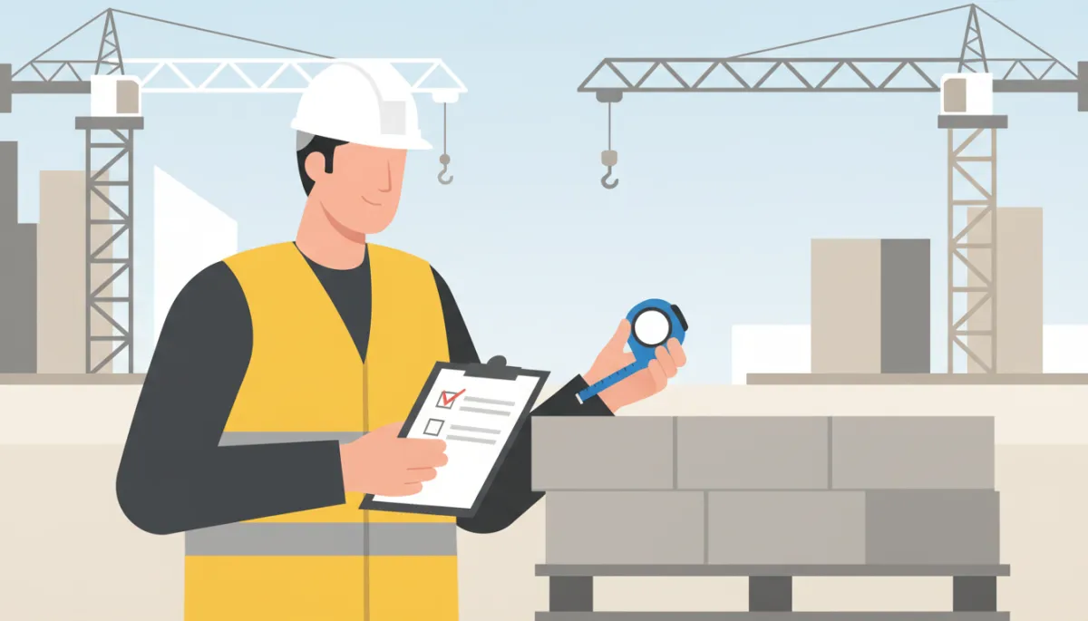 professional neutral-tone construction site close-up of engineer in reflective vest and helmet inspecting a pallet of concrete blocks with checklist and tape measure in hand, soft daylight, realistic photography style