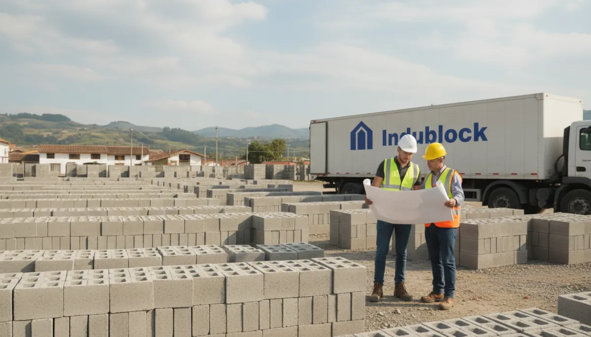 professional neutral-toned construction yard in Rioja San Martín with neatly stacked concrete blocks, a foreman and maestro de obra reviewing blueprints beside a delivery truck branded Indublock, soft daylight, professional photography