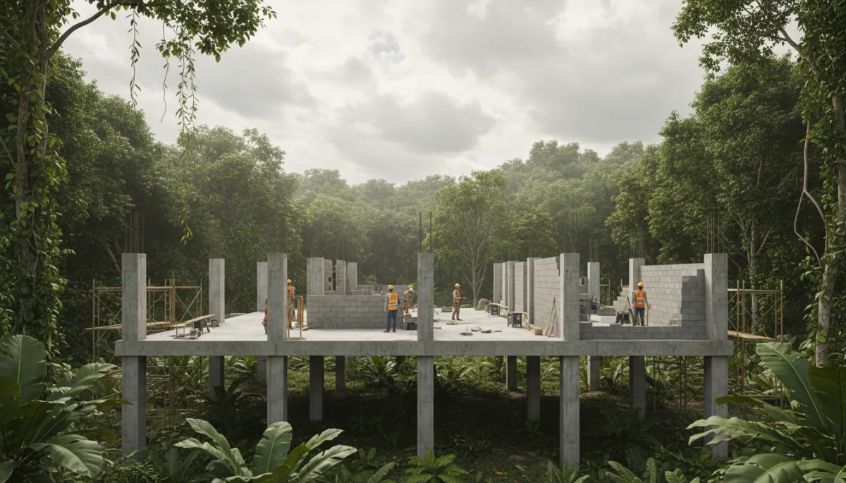 professional wide-angle view of a family house under construction in a humid Amazon rainforest setting, workers laying concrete blocks on an elevated foundation, cloudy sky and lush green jungle in the background, neutral colors and realistic lighting