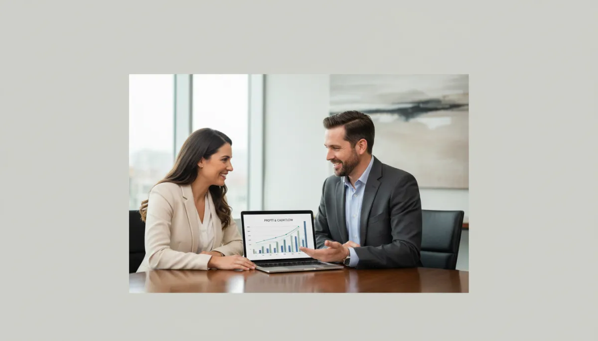 Business owner reviewing simple profit and cash flow charts with a financial advisor