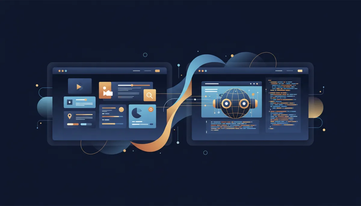 A photorealistic split-screen image: One side shows a visually stunning, modern website interface with sleek elements in dark navy (#233854), medium blue (#416088), light blue (#7aacDD), gold (#e5c059), and burnt orange (#B86133). The other side shows a search engine bot or crawler viewing the same site as clean, well-structured code and metadata. The two halves meet seamlessly, visually representing the harmony between human-centric design and SEO optimization.