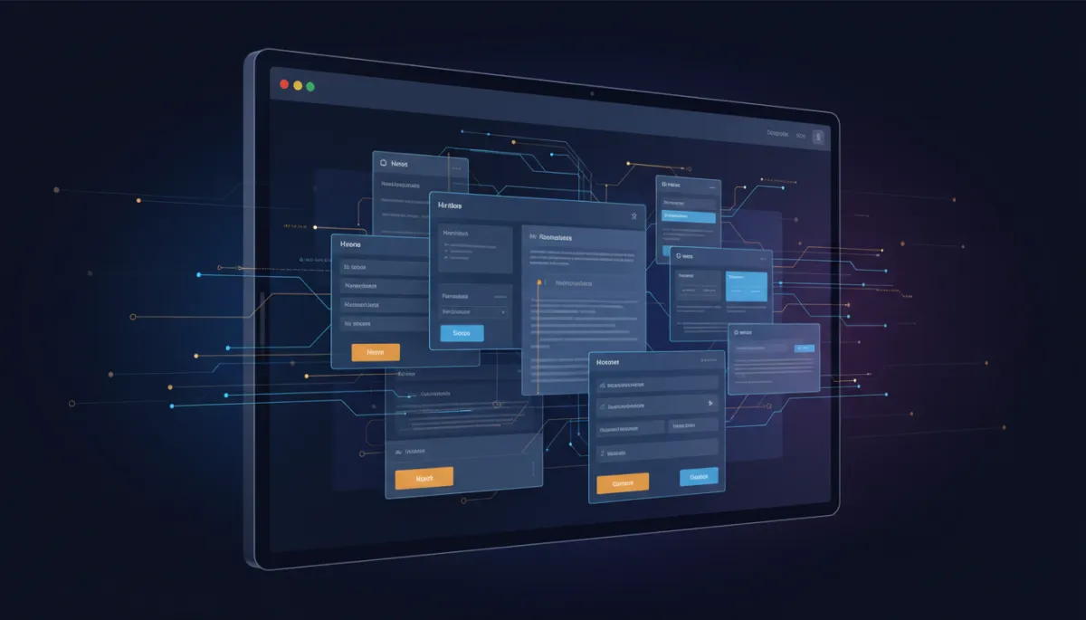 A photorealistic scene showing AI automation rapidly building a website interface on a screen in 20 seconds; the interface assembles itself with dynamic UI elements, code, and page sections coming together, illuminated with accents in Savage AI Studio brand colors: Dark Navy #233854, Medium Blue #416088, Light Blue #7aacDD, Gold #e5c059, Burnt Orange #B86133. The background is sleek and modern, evoking speed and precision.