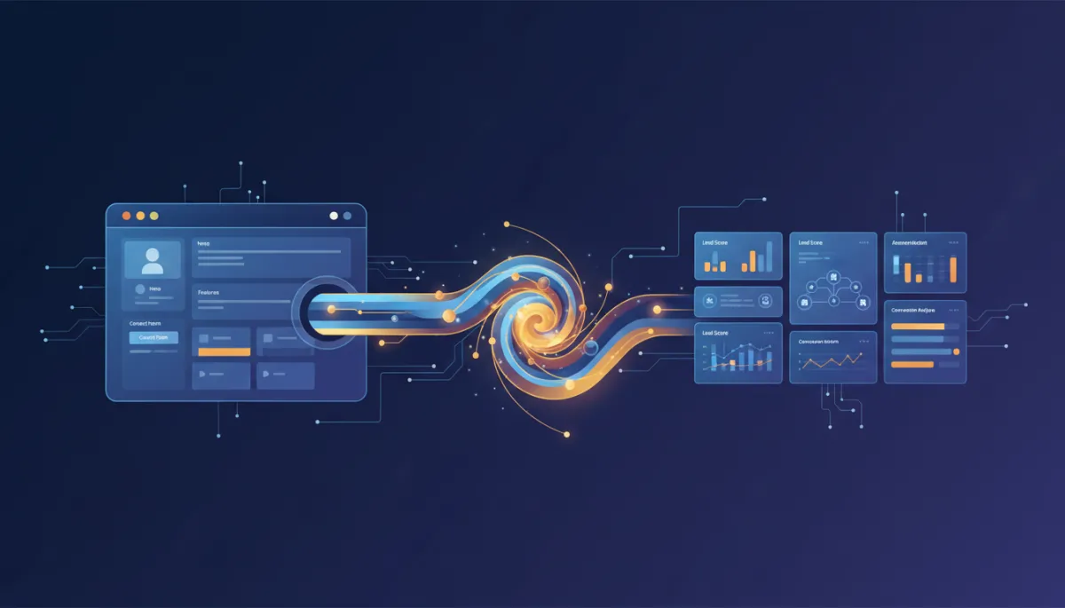 A photorealistic image showing a digital lead pipeline: a stylized, glowing pipeline or funnel in brand colors (Dark Navy #233854, Medium Blue #416088, Light Blue #7aacDD, Gold #e5c059, Burnt Orange #B86133) connecting a modern website or landing page interface to an automated workflow dashboard, evoking the seamless flow of leads from the webpage into automation.