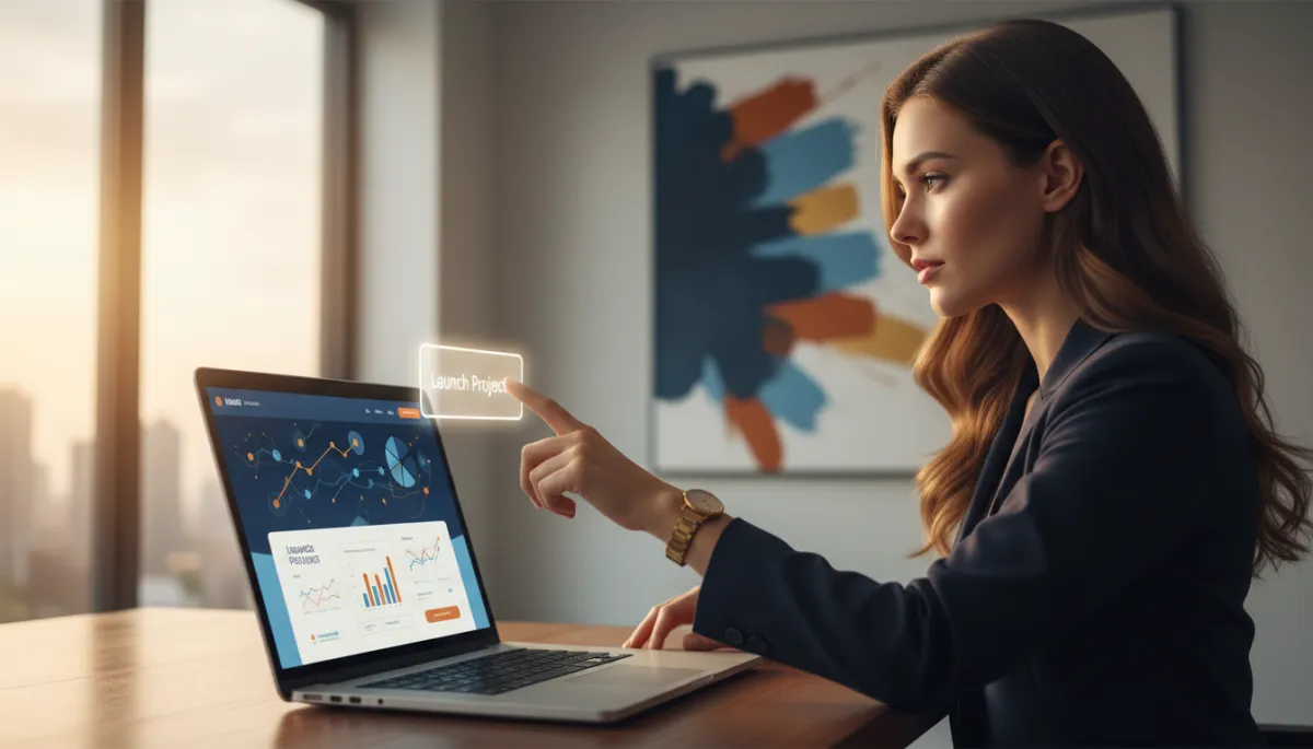 A photorealistic image of a confident business owner in a modern workspace, decisively pressing 'launch' on a laptop with a vibrant business landing page displayed. The scene features subtle accents in brand colors: Dark Navy #233854, Medium Blue #416088, Light Blue #7aacDD, Gold #e5c059, and Burnt Orange #B86133. The atmosphere conveys a sense of accomplishment and forward momentum.