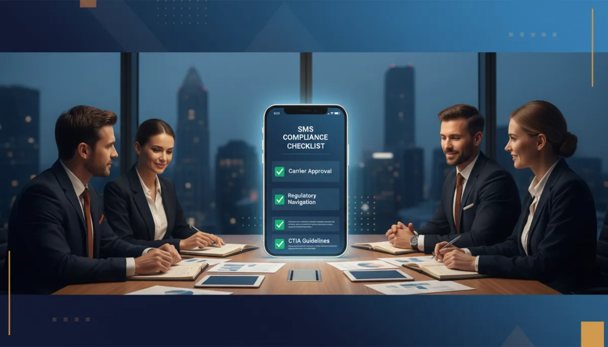 A photorealistic image of a professional business team reviewing documents and a large mobile phone displaying a compliance checklist with green checks. The phone screen shows approved SMS compliance steps, set in a modern corporate office environment. The scene uses brand colors: Dark Navy #233854, Medium Blue #416088, Light Blue #7aacDD, Gold #e5c059, and Burnt Orange #B86133. The mood is focused, successful, and trustworthy, representing carrier approval and regulatory navigation.