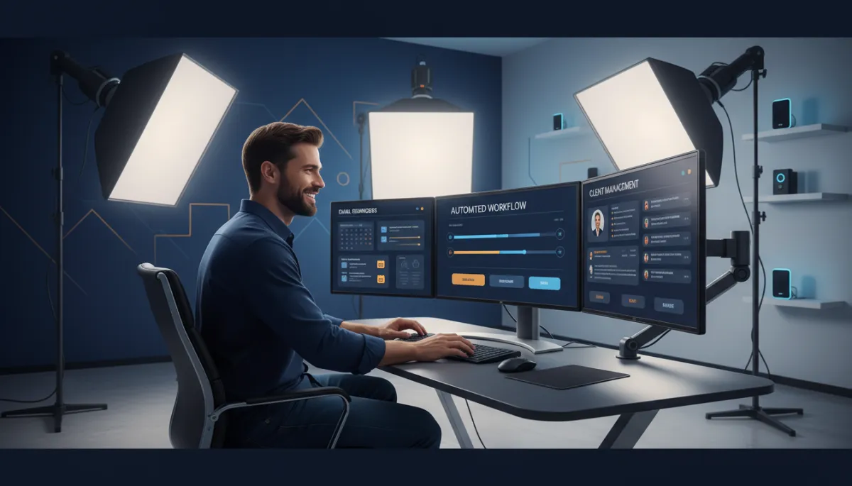 A photorealistic image of a modern photography studio where a photographer is happily working at a computer with visible screens showing automated workflow software, email reminders, and client management tools. The space feels creative and efficient, with subtle technological elements in the background (like automated lighting or smart devices). The overall color palette features the brand colors: Dark Navy #233854, Medium Blue #416088, Light Blue #7aacDD, Gold #e5c059, and Burnt Orange #B86133, incorporated tastefully in the studio decor and interface highlights.